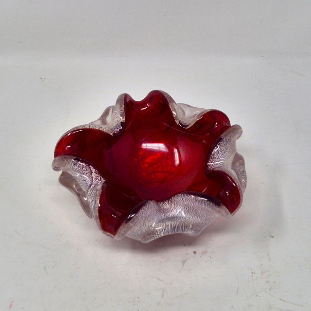 Vintage Murano Art Glass Bowl/Ashtray Red With Silver Flecks